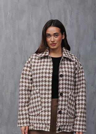 Жіноче коротке пальто oversize бежеве в гусячу лапку arjen mkar69091-1