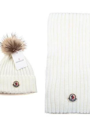Комплект теплый женский шапка + шарф moncler белый вязаный зимний монклер набор люкс качество