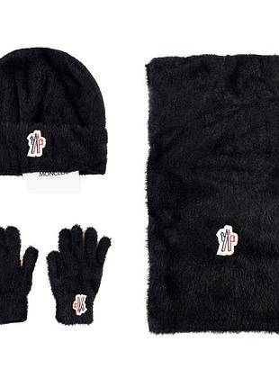 Комплект 3в1 черный теплый женский шапка + шарф + перчатки moncler зимний монклер набор люкс качество