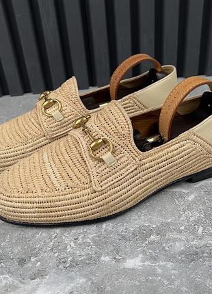 Gucci horsebit leather raffia beige мужские лоферы оригинал 43 eur