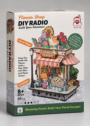 3d деревянный конструктор-румбокс с радио и led-подсветкой "flower shop" diy интерьерный кукольный домик