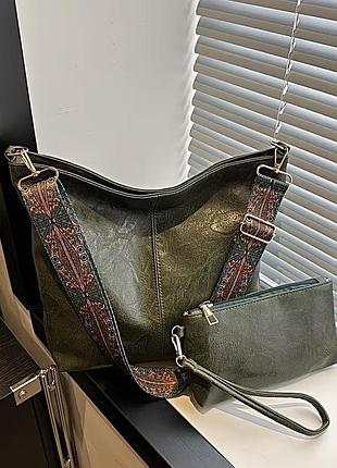 Сумка тоут жіноча + косметичка в подарунок 🎁  колір хакі