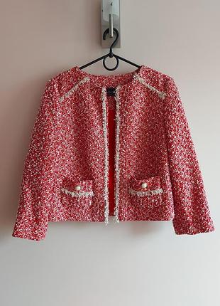 Укороченный твидовый жакет в стиле шаннель marks&amp;spencer, р. 38, красный жакет