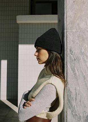 Женская шапка бини с шерстью zara черная шапка в рубчик зара мягкая теплая