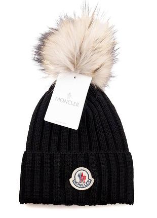 Шапка черная вязаная женская мужская moncler монклер с помпоном унисекс зимняя люкс качество