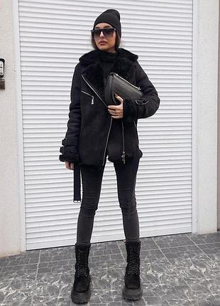 Дубленка авиатор, эко-замш, 70 см xs, черный