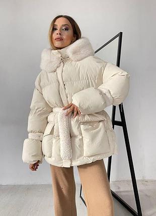 Пуховик с опушкой и капюшоном cresh puffer, молочный m-l