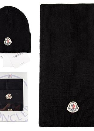 Комплект чорний теплий чоловічий жіночий шапка + шарф moncler в'язаний зимовий монклер набір люкс якість
