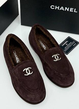 Лофери зимові замша з хутром chanel темно коричневий колір