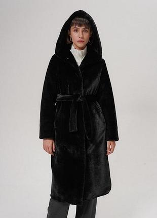 Эко-шуба maxi с капюшона женская черная 110 см 2xl