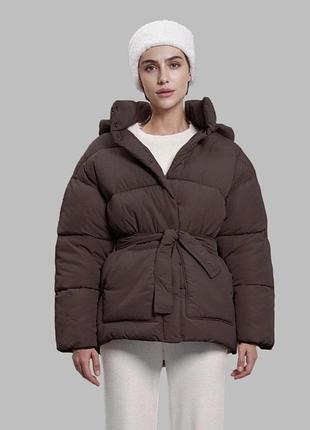 Женский пуховик с поясом шоколад xl