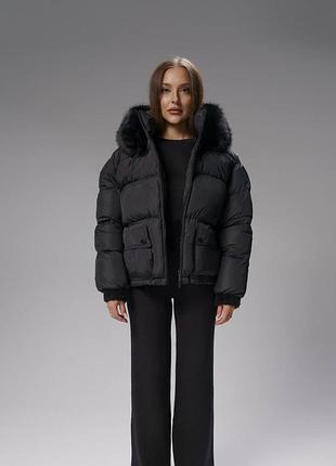Пуховик з опушкою вкорочений cozy puffer, чорний m-l