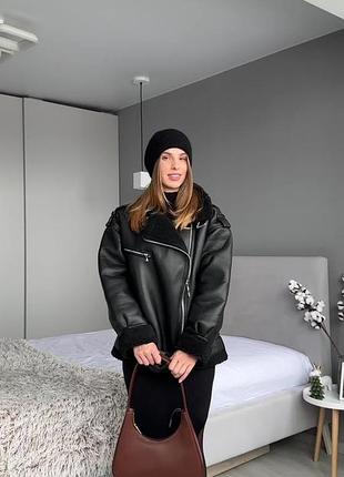 Дубленка oversize из эко-кожи женская, цвет черный m-l