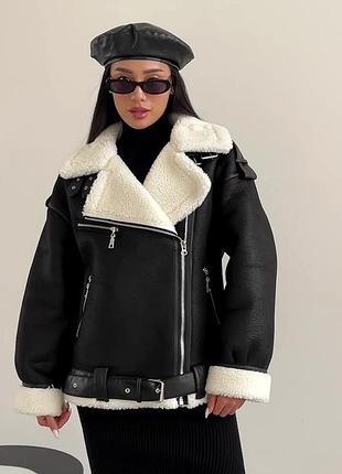 Дубленка женская oversize с белым мехом, цвет черный s-m