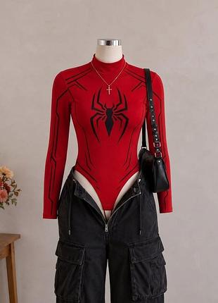 Боді довгий рукав обтисле тренд круглий виріз принт малюнок людина павук spider man мікродайвінг