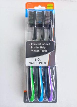 Набор из 6 зубных щеток от бренда rexall usa extra clean charcoal с угольным напылением щетины