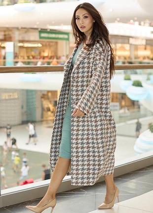 Пальто гусиная лапка l-xl. серый с бежевым