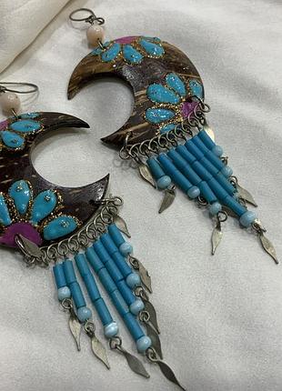 🌙 🥥 🩵 этнические массивные серьги-полумесяцы «поденный талисман» (натуральный кокос, прессованная бирюза/композит, бохо) 🩵 🎨 🌙