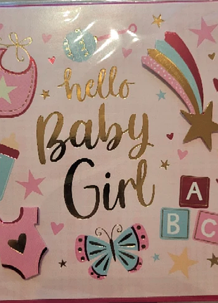 Открытка для мальчика на baby shower hello baby girl розовая 15x15 см