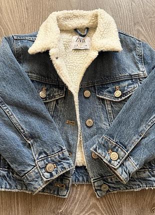 Куртка тепла для хлопчика zara зара джинсова на хутрі, синя, розмір 110 116 см