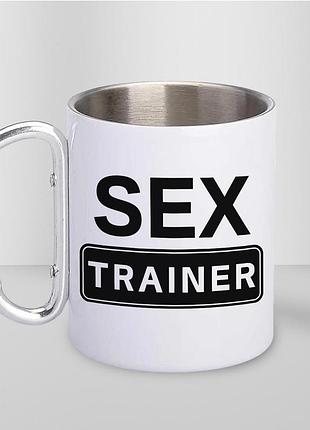 Кружка металева з принтом "sex trainer" 400 мл з карабіном туристична, біла