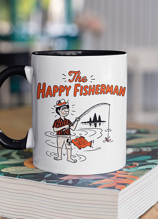 Чашка керамічна з принтом "happy fisherman" 330 мл, біла з чорною ручкою