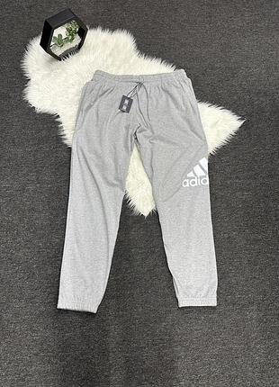 Сірі спортивні штани adidas essentials з великим білим логотипом на лівій штанині та зручним еластичним поясом на зав'язках.