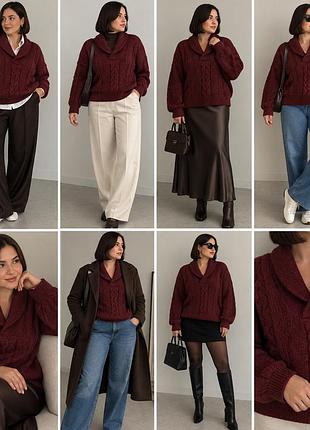 Жіночий светр бордовий з фактурною в'язкою та об'ємним коміром, l-xl 50% вовна