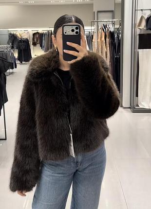 Жіноча шуба zara вкорочена зі штучного хутра на блискавці, коричнева