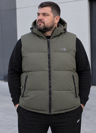 Жилетка чоловіча the north face з капюшоном хакі великих розмірів 3xl-7xl