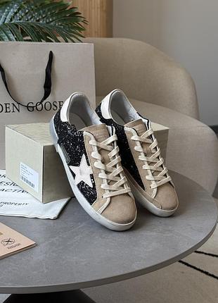 Кеди golden goose super-star in black glitter with cream star and suede inserts