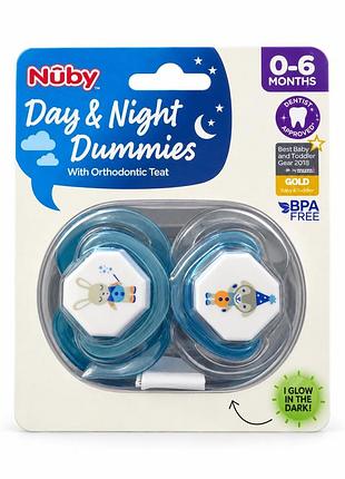 Пустушки nuby day & night 0–6 міс, ортодонтичні, 2 шт
