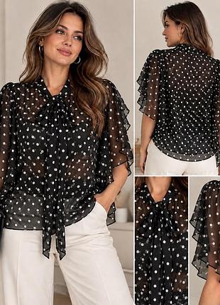 River island — чорна шифонова блуза в білий горох з воланами, uk 16 / eur 42