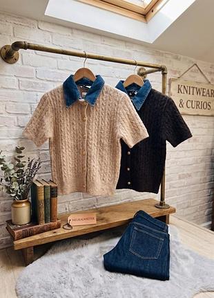 Кардиган бежевий з джинсовим коміром