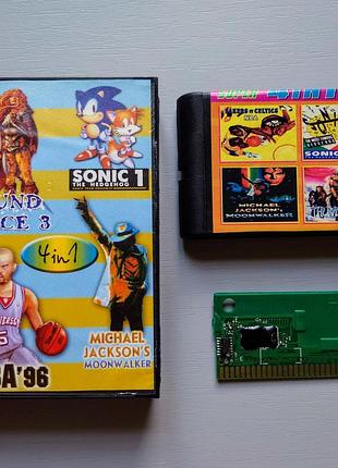 Картридж 4 в 1 для sega mega drive | moonwalker, sonic, thunder force 3, nba’96 | ідеал• робочий