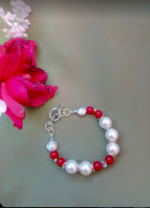 Дизайнерські сережки дизайнерський браслет корал, перли подарунок натуральні камені набір4 фото