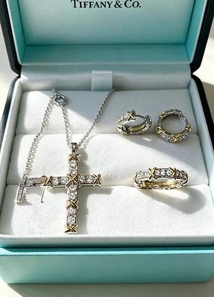 Комплект tiffany хрестик ланцюжок сережки колечко