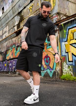Мужской костюм на лето stone island черный легкий шорты и поло рубашка трендовый красивый комплект тонкий жатка стон айленд