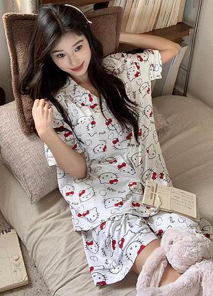Пижама для девочек подростков hello kitty: рубашка + шорты, белая, 152–160 см (10749)