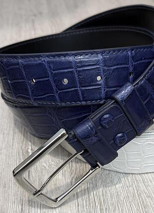 Ремінь зі шкіри крокодила темно-синього кольору, ручна робота | navy crocodile leather belt. ремень из кожи крокодила. filartleather
