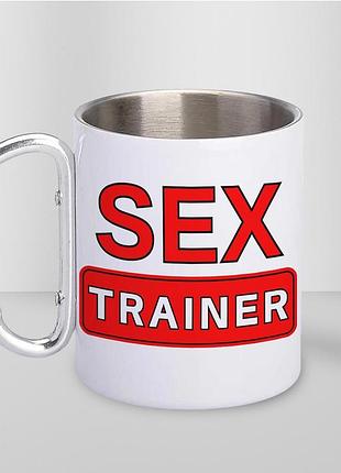 Кружка металлическая с принтом "sex trainer" 400 мл с карабином туристическая, белая