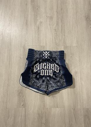 Спортивні шорти чоловічі wicked one для муай-тай/кікбоксингу/мма, сині з білим принтом, розмір l