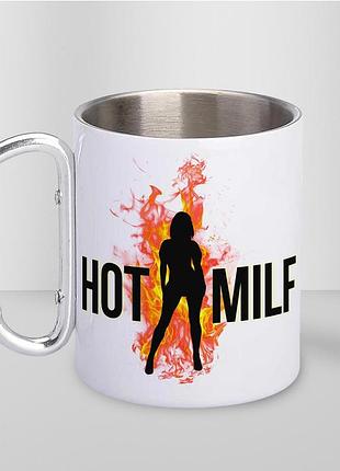 Кружка металева з принтом "hot milf" 400 мл з карабіном туристична, біла