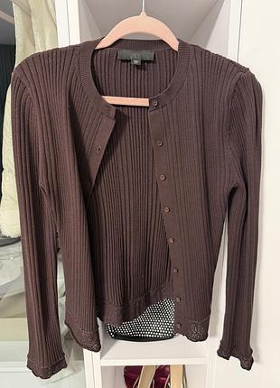 Жіночий кардиган zara в рубчик з мереживом коричневий