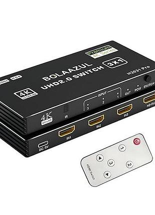Hdmi-перемикач bolaazul 4k 3x1 розширювач hdmi-портів з пультом керування, селектор на 3 порти