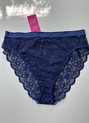 Трусики мереживні з сіточкою, брендована резинка висока посадка marks& spencer - сині рр 14 , l