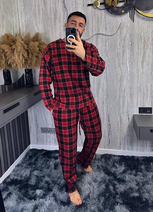 Чоловіча тепла піжама на флісі в клітинку m/l, xl/xxl червона