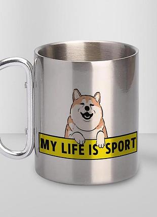 Кружка металлическая с принтом "my life is sport" 400 мл с карабином туристическая, серебристая