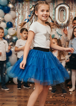 Ошатна синя об'ємна фатінова спідниця на 9-12 років
