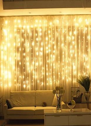 Гирлянда водопад usb штора 3х2м, теплый белый, 200 led + пульт / новогодняя светодиодная гирлянда на окно